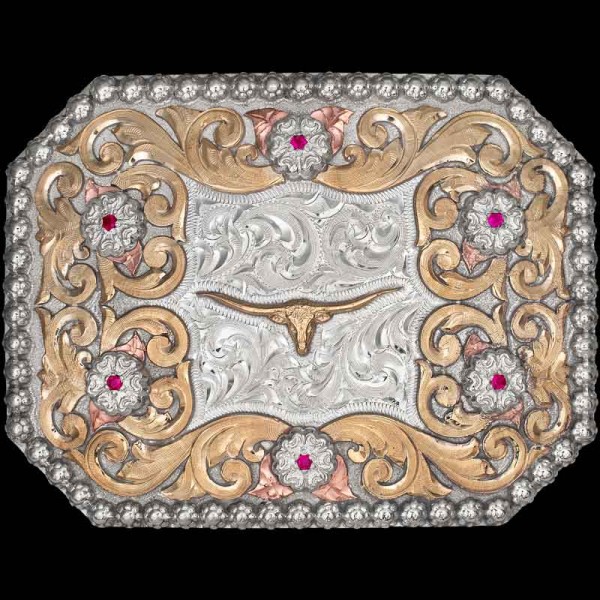 "The Blanco Custom Belt Buckle will add a touch of Wild West to any outfit! Crafted on a hand engraved German Silver base, this buckle is beautifully built with a berry edge and Jewler's Bronze scrolls. 6 stunning German Silver flowers surround a Jew